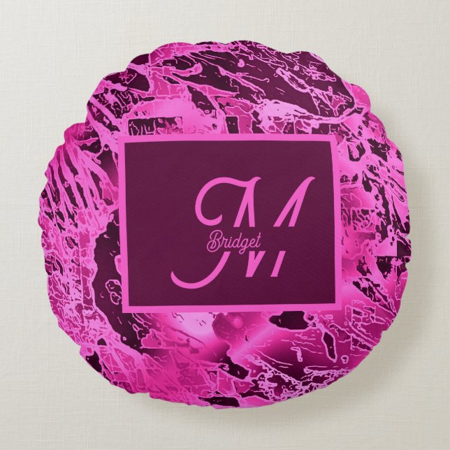 Elegant Pink Marble bold Monogram Typography Round Pillow (Front)