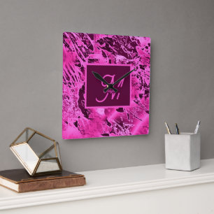Elegant Pink Marble bold Monogram Typography Square Wall Clock