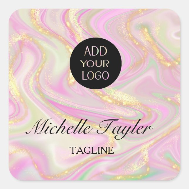 Elegant Pink Marble Chic Gold Glitter Square Sticker (Front)