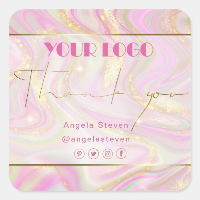 Elegant Pink Marble Floral Chic Gold Glitter  Square Sticker (Front)