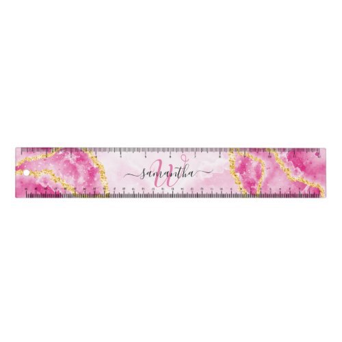 Elegant Pink Marble Glam Girly Monogrammed Ruler