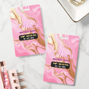 Elegant Pink Marble Gold Birthday Party VIP Access Badge