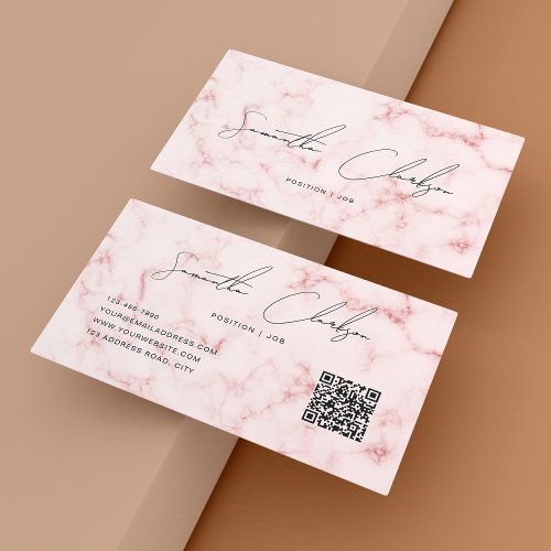 Elegant Pink Marble Handwritten Script QR code Business Card
