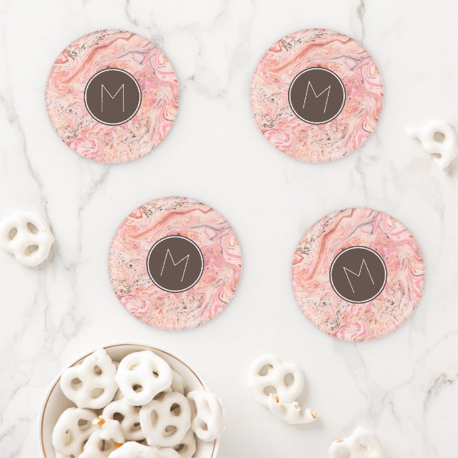 Elegant Pink Marble Monogram Coaster Set (In Situ)