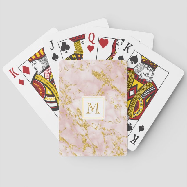 Elegant Pink Marble Monogram Faux Gold Glitter Poker Cards (Back)
