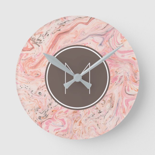 Elegant Pink Marble Monogram Round Clock (Front)