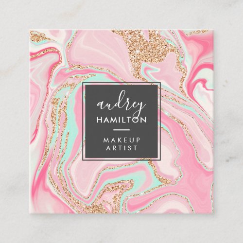 Elegant pink marble rose gold modern makeup artist square business card