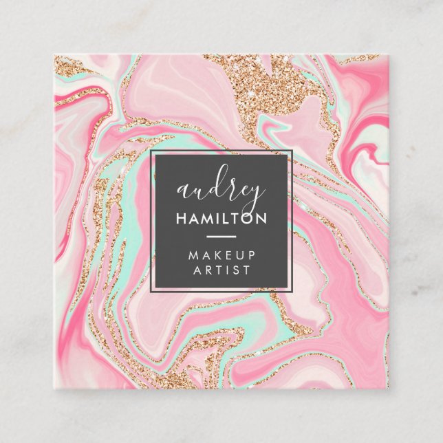 Elegant pink marble rose gold modern makeup artist square business card (Front)