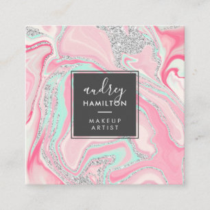 Elegant pink marble silver modern makeup artist square business card