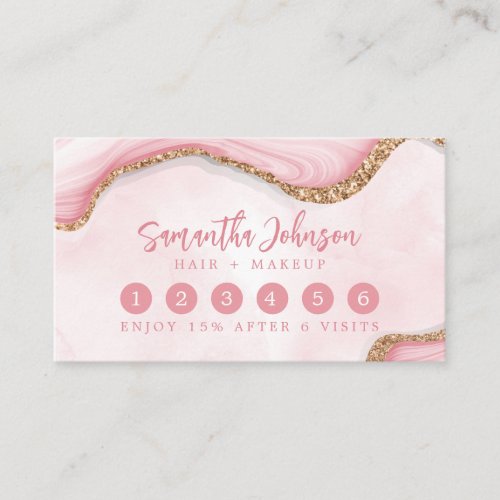 Elegant Pink Marble Swirl Watercolor Gold Glitter Loyalty Card