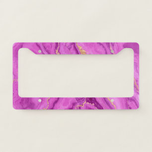 Elegant Pink Marble with Gold and Purple Luxe License Plate Frame
