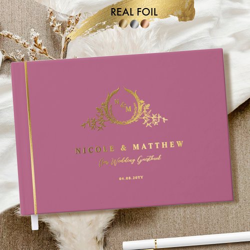 Elegant Pink Mauve and Real Foil Monogram Wedding Foil Guest Book