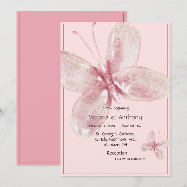 Elegant Pink Mauve Watercolor Butterfly Invitation (Front/Back)