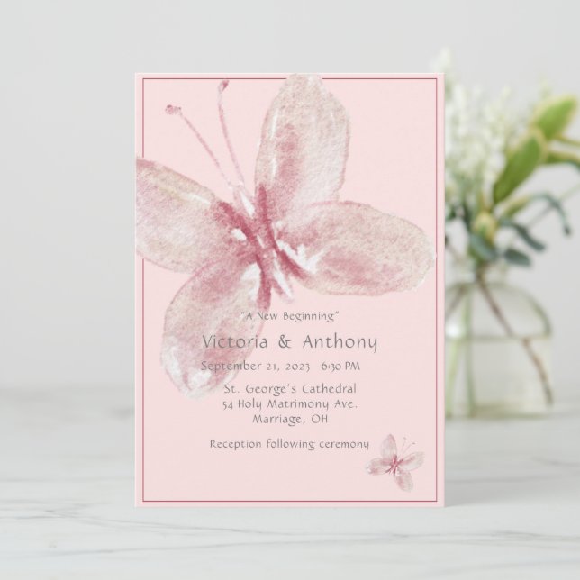 Elegant Pink Mauve Watercolor Butterfly Wedding Invitation (Standing Front)
