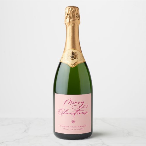 Elegant Pink Merry Christmas Script Holiday Sparkling Wine Label