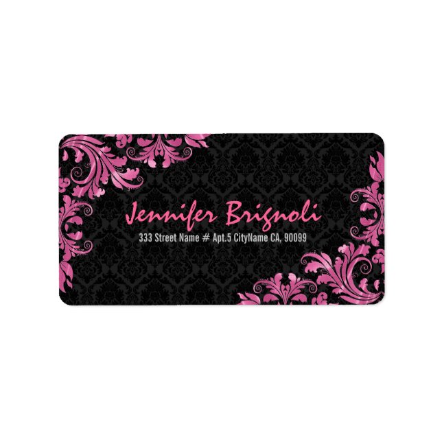 Elegant Pink Metall Lace Black Damasks Label (Front)