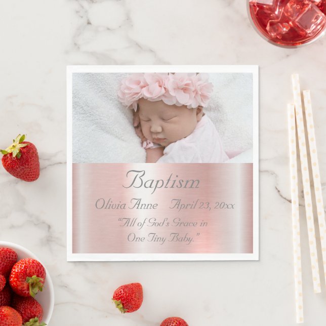 Elegant Pink Metallic Photo Name Baby Girl Baptism Napkins (Insitu)