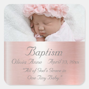 Elegant Pink Metallic Photo Name Baby Girl Baptism Square Sticker
