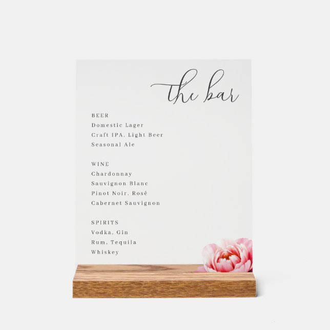Elegant Pink Minimalist Bar Menu Acrylic Sign (Front)