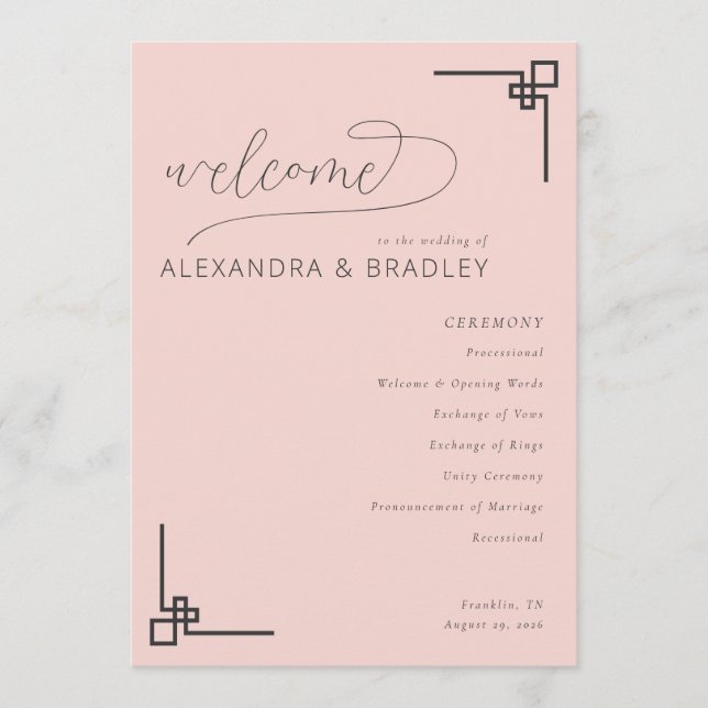 Elegant Pink Minimalist Wedding Schedule Program (Front)