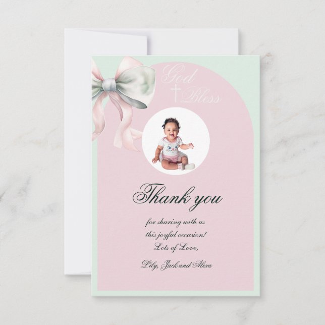 Elegant Pink Mint Bow Baptism for Baby Girl Thank You Card (Front)