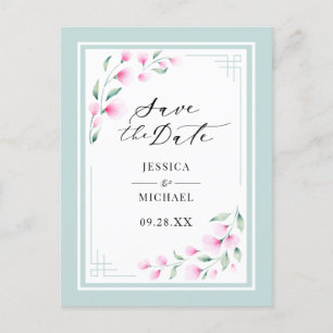 Elegant Pink Mint Watercolor Floral Save The Date Invitation Postcard