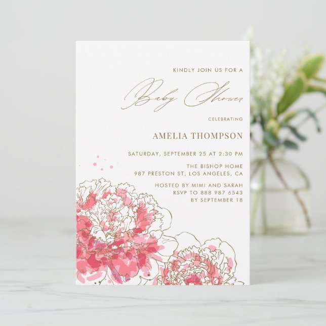 Elegant Pink Modern Peonies Floral Baby Shower Invitation (Standing Front)