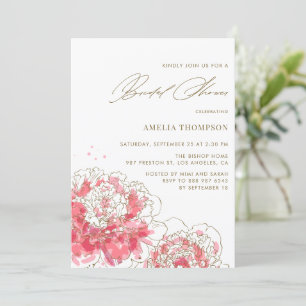 Elegant Pink Modern Peonies Floral Bridal Shower Invitation