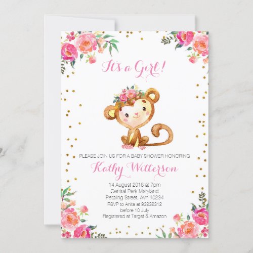 Elegant Pink Monkey Baby Girl Shower Invitation