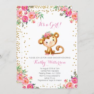 Elegant Pink Monkey Baby Girl Shower Invitation