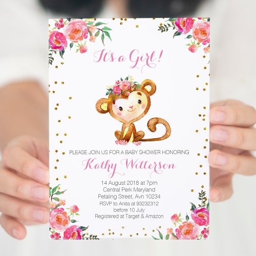 Elegant Pink Monkey Baby Girl Shower Invitation