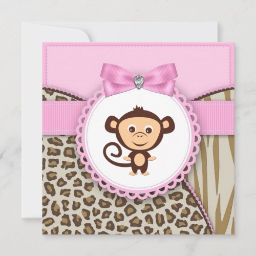 Elegant Pink Monkey Baby Girl Shower Personalized Invite