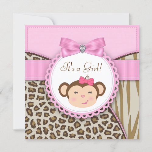 Elegant Pink Monkey Baby Girl Shower Custom Invitation