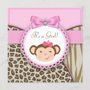Elegant Pink Monkey Baby Girl Shower Invitation