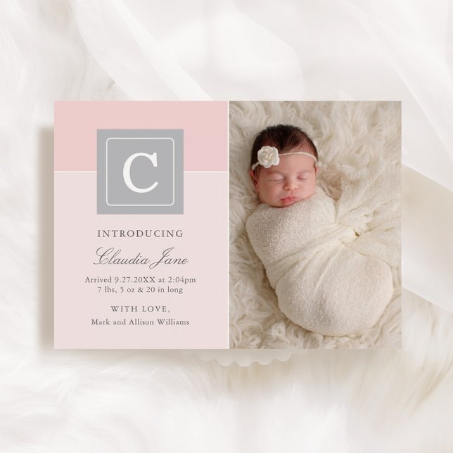 Elegant Pink Monogram Baby Girl Photo Birth Announcement (Creator Uploaded)