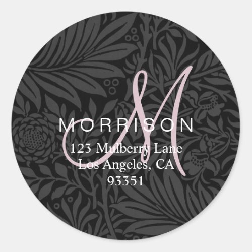 Elegant Pink Monogram Black Floral Return Address Classic Round Sticker
