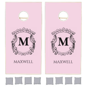 Elegant Pink Monogram Crest Cornhole Set