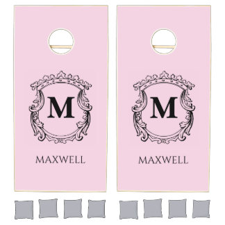 Elegant Pink Monogram Crest Cornhole Set