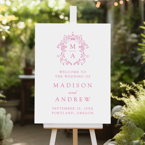 Elegant Pink Monogram Crest Wedding Welcome Foam Board