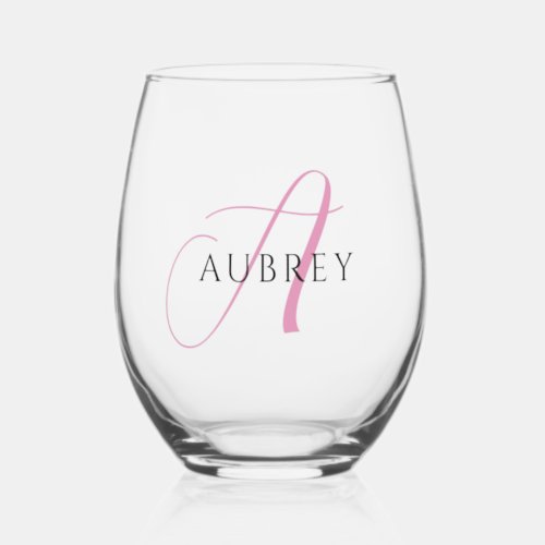 Elegant Pink Monogram Drinkware Set Stemless Wine Glass