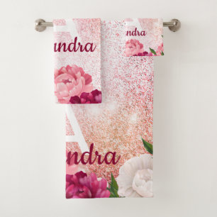 Elegant Pink Monogram Glitter Floral design Bath Towel Set