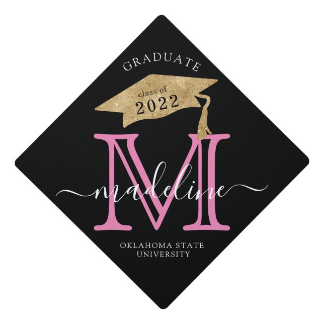 "Elegant Pink Monogram Gold Class of Graduation Cap Topper (Front)