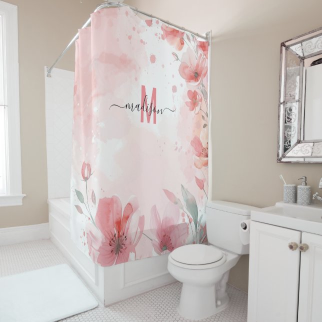 Elegant Pink Monogram Modern Script Bridal Wedding Shower Curtain (In Situ)