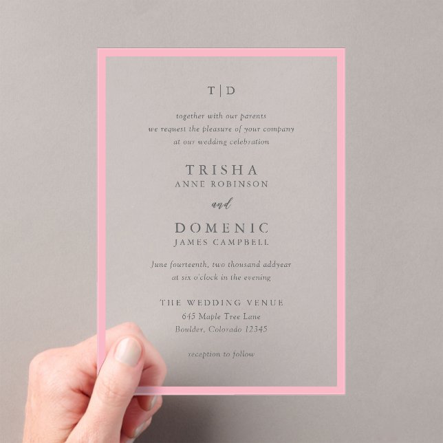 Elegant Pink Monogram Modern Wedding Acrylic Invitations (Insitu (Handheld))