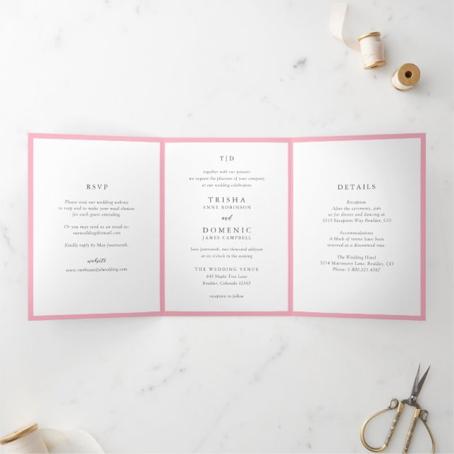Elegant Pink Monogram Modern Wedding Tri-Fold Invitation (Inside)