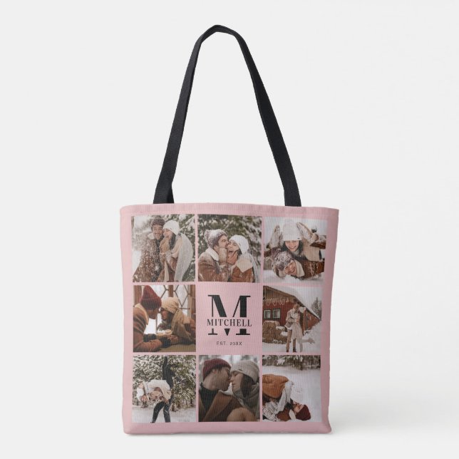 Elegant Pink Monogram & Photo Collage Personalized Tote Bag (Back)