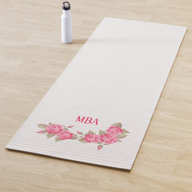 Elegant Pink Monogram Roses Striped Pattern Yoga Mat (In Situ)