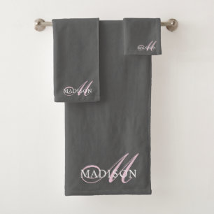 Elegant Pink Monogram Script Initial Name Gray Bath Towel Set