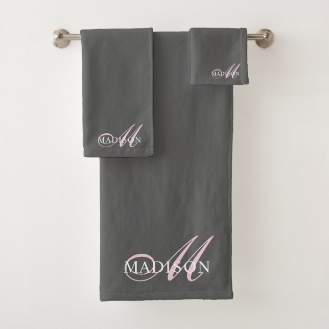 Elegant Pink Monogram Script Initial Name Gray Bath Towel Set (Insitu)
