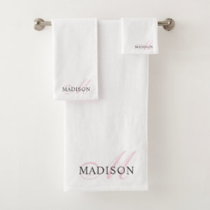 Elegant Pink Monogram Script Initial Name White Bath Towel Set